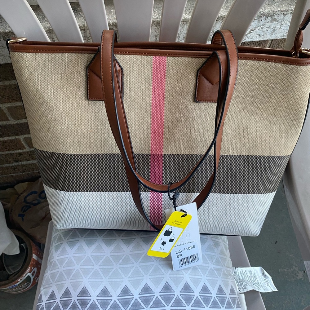 Modern Brown and Pink Color-Blocked Tote Bag NWT